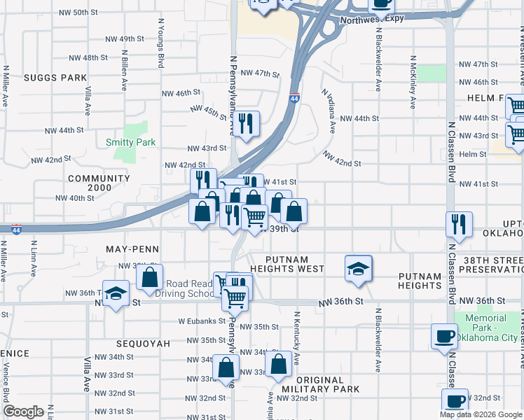 map of restaurants, bars, coffee shops, grocery stores, and more near 4100 Hemingway Drive in Oklahoma City