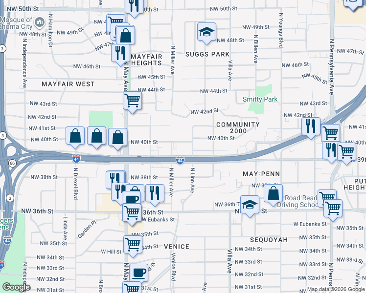 map of restaurants, bars, coffee shops, grocery stores, and more near 4021 North Linn Avenue in Oklahoma City