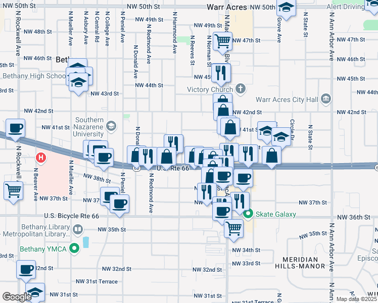 map of restaurants, bars, coffee shops, grocery stores, and more near 5938 Northwest 40th Street in Warr Acres