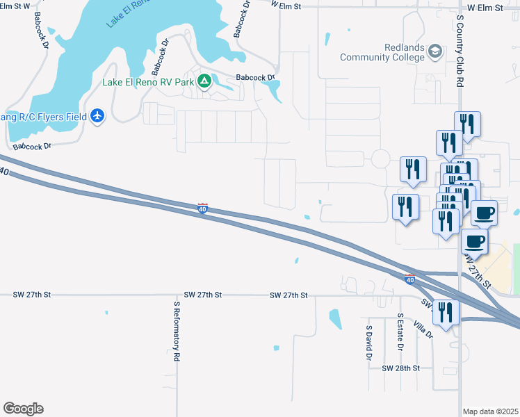 map of restaurants, bars, coffee shops, grocery stores, and more near Interstate 40 in El Reno