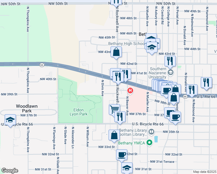 map of restaurants, bars, coffee shops, grocery stores, and more near 7112 Northwest 39th Terrace in Bethany