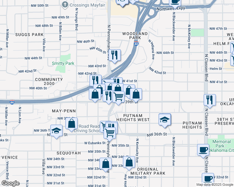 map of restaurants, bars, coffee shops, grocery stores, and more near 4020 North Pennsylvania Avenue in Oklahoma City