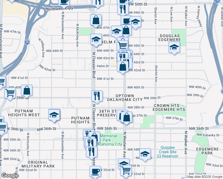 map of restaurants, bars, coffee shops, grocery stores, and more near 1140 Northwest 40th Street in Oklahoma City