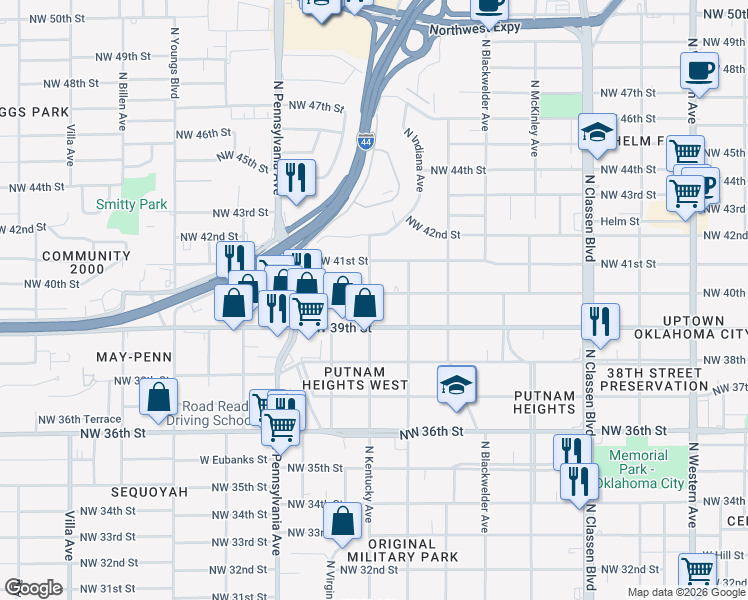 map of restaurants, bars, coffee shops, grocery stores, and more near 1832 Northwest 40th Street in Oklahoma City