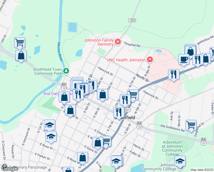 map of restaurants, bars, coffee shops, grocery stores, and more near 414 Caswell Street in Smithfield