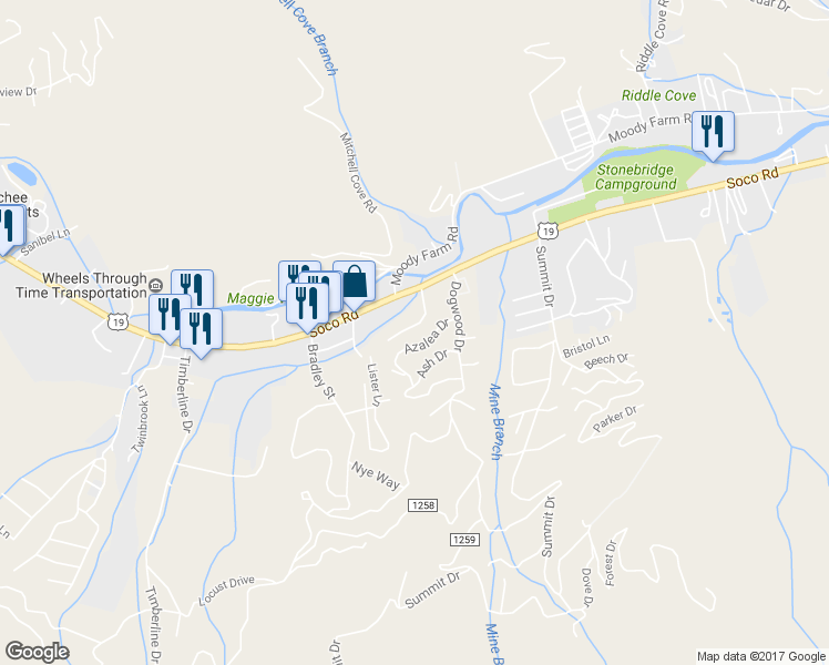 map of restaurants, bars, coffee shops, grocery stores, and more near 131 Woodfern Drive in Maggie Valley