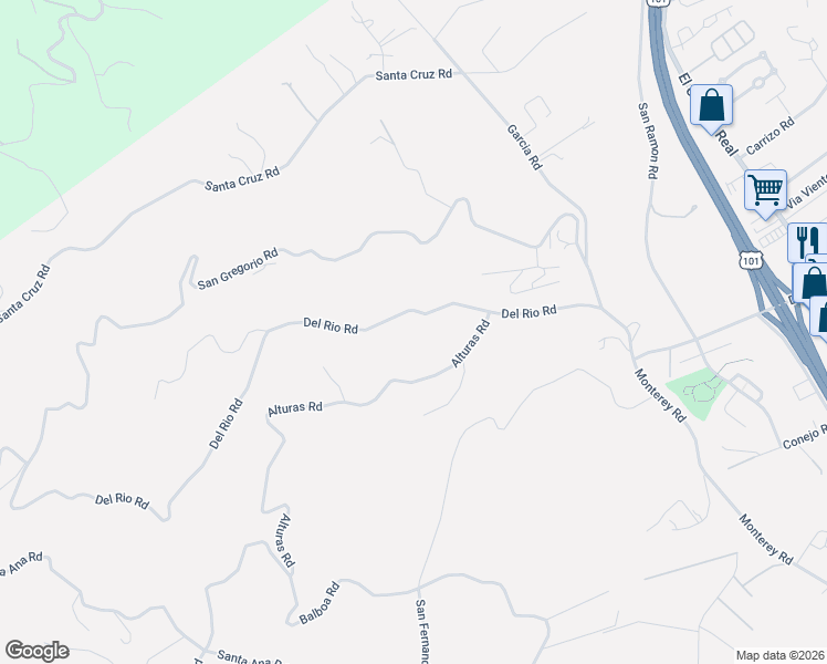 map of restaurants, bars, coffee shops, grocery stores, and more near 7695 Del Rio Road in Atascadero
