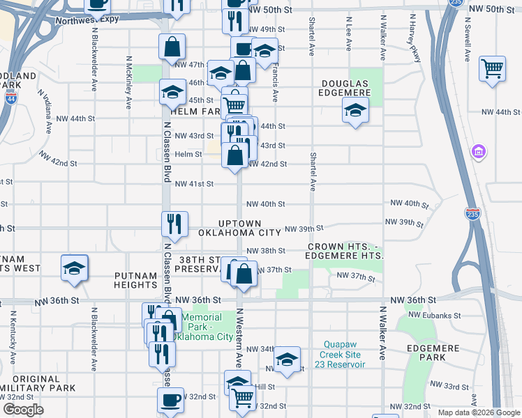 map of restaurants, bars, coffee shops, grocery stores, and more near 916 Northwest 40th Street in Oklahoma City