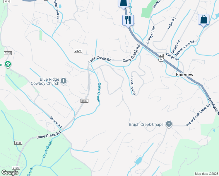 map of restaurants, bars, coffee shops, grocery stores, and more near Cane Crest Circle in Fairview