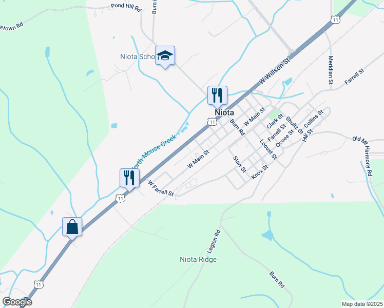 map of restaurants, bars, coffee shops, grocery stores, and more near 411 Bank Street in Niota