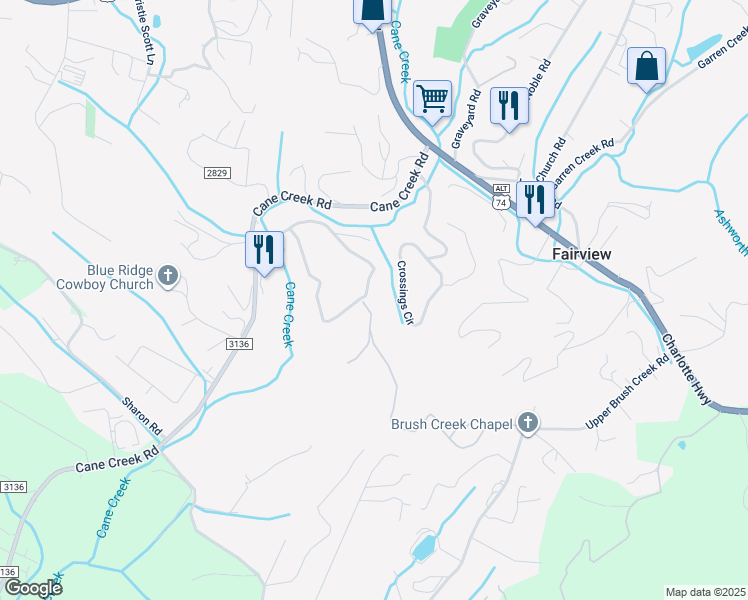 map of restaurants, bars, coffee shops, grocery stores, and more near 105 Cane Crest Circle in Fairview