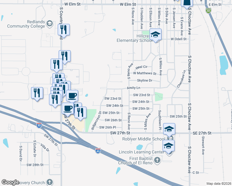 map of restaurants, bars, coffee shops, grocery stores, and more near 805 Amity Lane in El Reno
