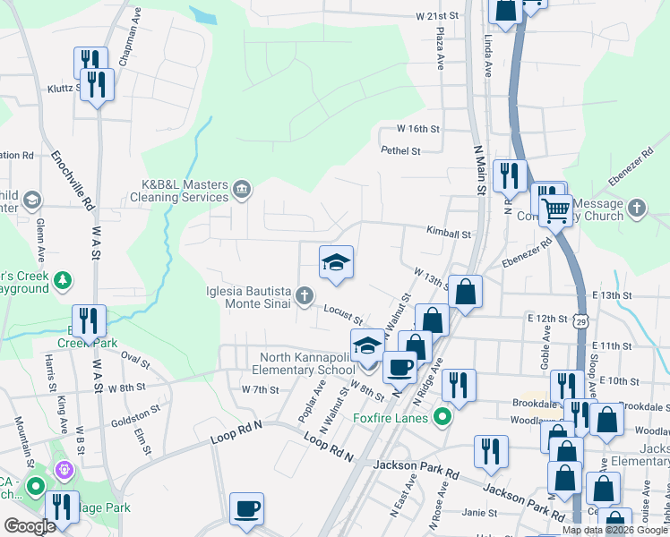map of restaurants, bars, coffee shops, grocery stores, and more near 411 Gault Avenue in Kannapolis