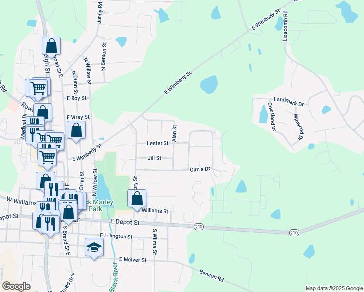map of restaurants, bars, coffee shops, grocery stores, and more near 226 Lester Street in Angier