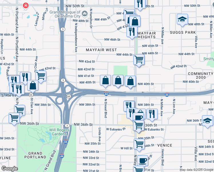 map of restaurants, bars, coffee shops, grocery stores, and more near 3106 Northwest 40th Street in Oklahoma City