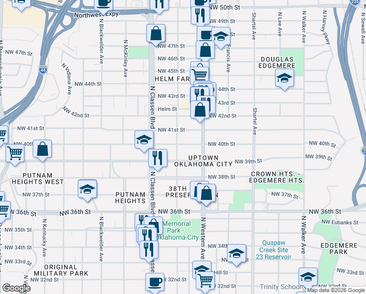 map of restaurants, bars, coffee shops, grocery stores, and more near 1134 Northwest 40th Street in Oklahoma City