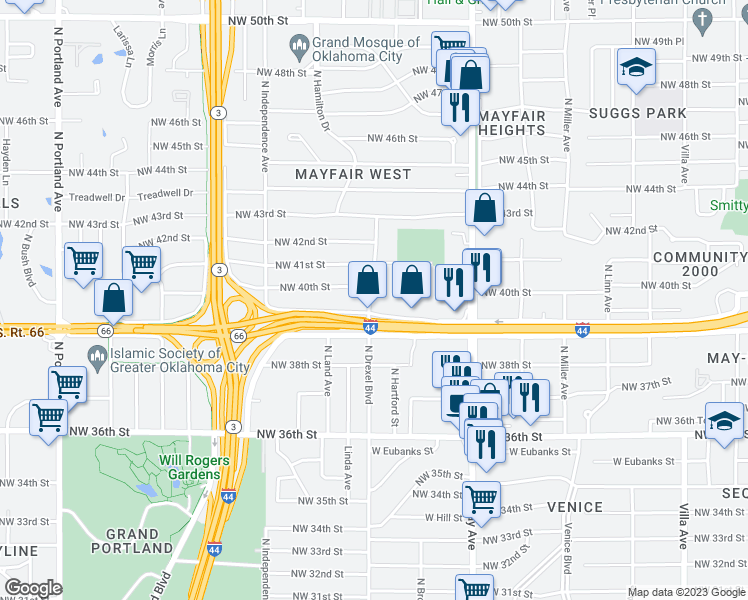 map of restaurants, bars, coffee shops, grocery stores, and more near 3106 Northwest 40th Street in Oklahoma City