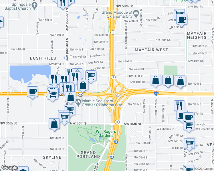 map of restaurants, bars, coffee shops, grocery stores, and more near 3504 Northwest 40th Street in Oklahoma City