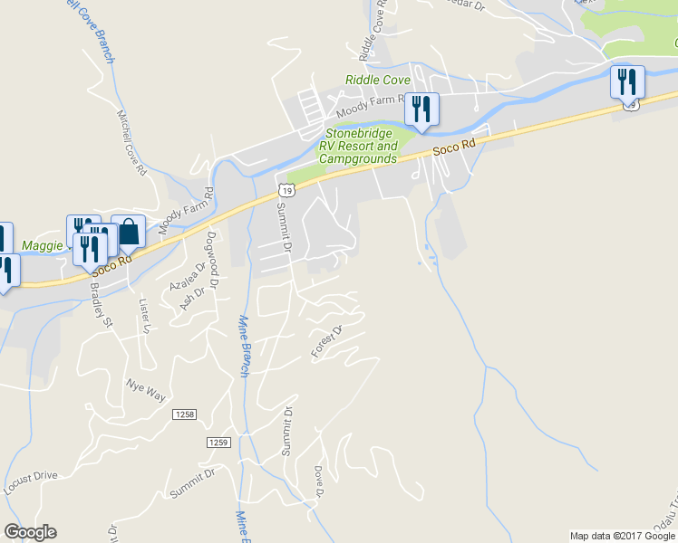 map of restaurants, bars, coffee shops, grocery stores, and more near 117 Bristol Lane in Maggie Valley