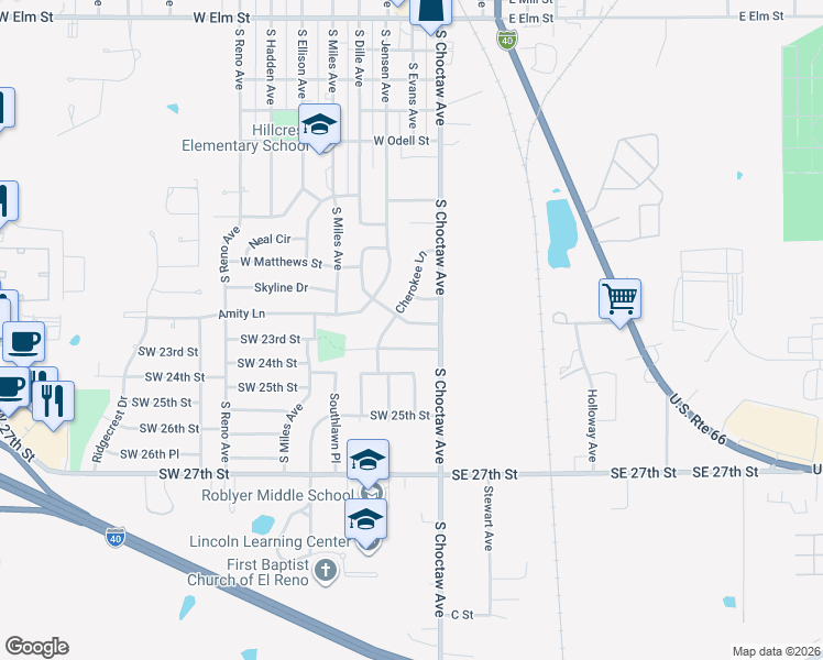 map of restaurants, bars, coffee shops, grocery stores, and more near 217 Holbrook Dr in El Reno