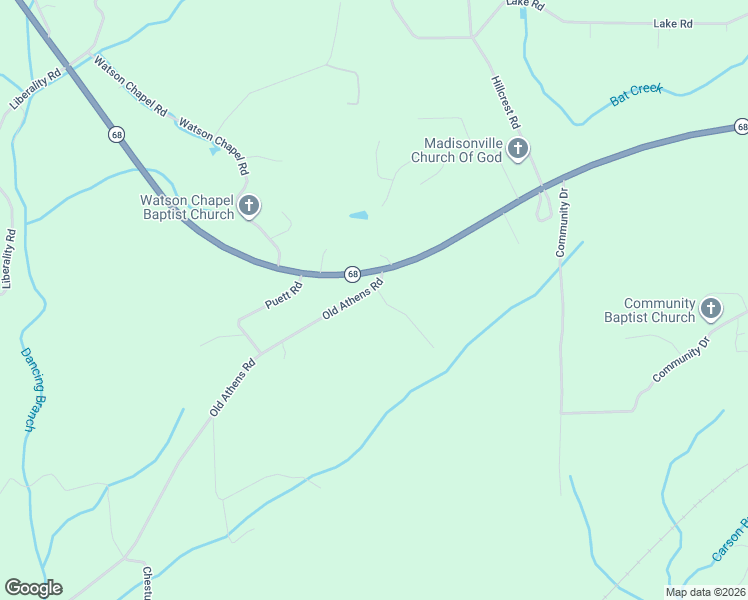 map of restaurants, bars, coffee shops, grocery stores, and more near 115 Old Athens Road in Madisonville