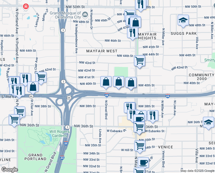 map of restaurants, bars, coffee shops, grocery stores, and more near 3106 Northwest 40th Street in Oklahoma City