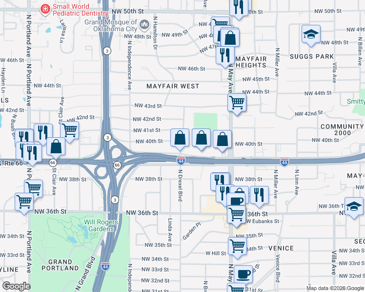 map of restaurants, bars, coffee shops, grocery stores, and more near 4118 North Drexel Boulevard in Oklahoma City