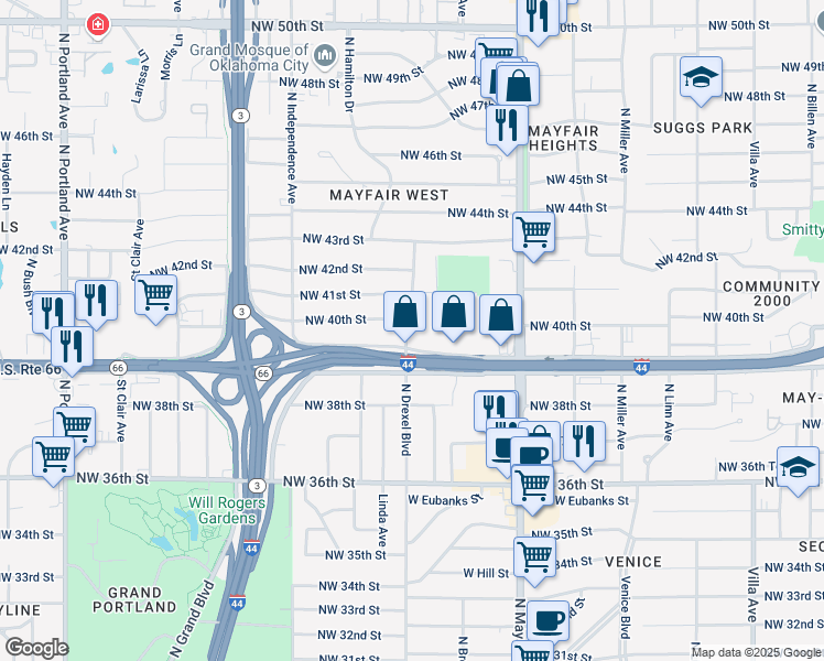 map of restaurants, bars, coffee shops, grocery stores, and more near 3106 Northwest 40th Street in Oklahoma City