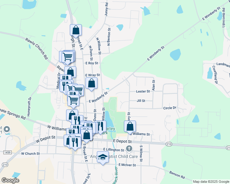 map of restaurants, bars, coffee shops, grocery stores, and more near 106 Mary Circle in Angier