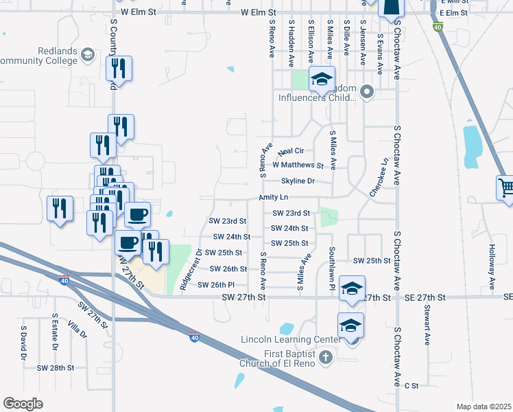map of restaurants, bars, coffee shops, grocery stores, and more near 1604 South Reno Avenue in El Reno