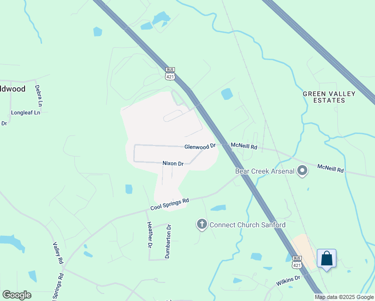 map of restaurants, bars, coffee shops, grocery stores, and more near 511 Glenwood Drive in Sanford