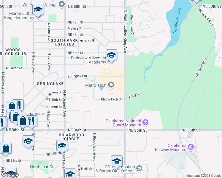 map of restaurants, bars, coffee shops, grocery stores, and more near 1900 Springlake Drive in Oklahoma City