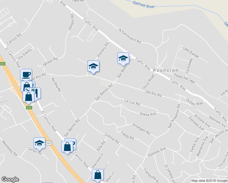 map of restaurants, bars, coffee shops, grocery stores, and more near 3095 La Luz Road in Atascadero
