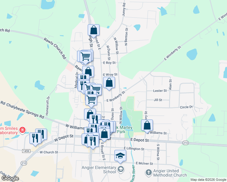 map of restaurants, bars, coffee shops, grocery stores, and more near 380 North Dunn Street in Angier