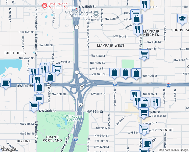 map of restaurants, bars, coffee shops, grocery stores, and more near 3228 Northwest 40th Street in Oklahoma City