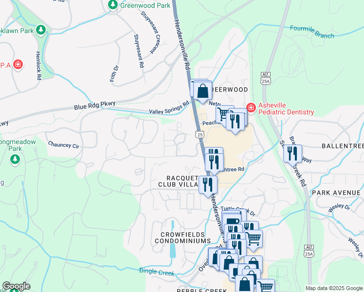 map of restaurants, bars, coffee shops, grocery stores, and more near 1617 Hendersonville Road in Asheville
