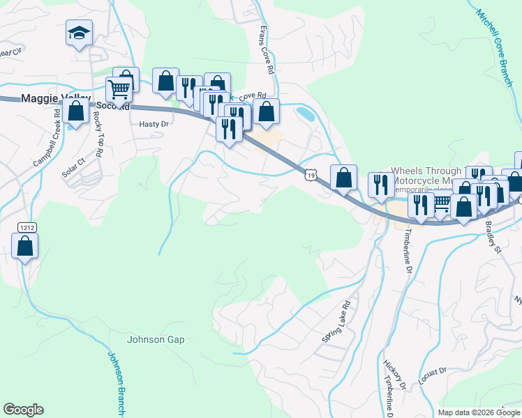 map of restaurants, bars, coffee shops, grocery stores, and more near 303 Shuler Drive in Maggie Valley