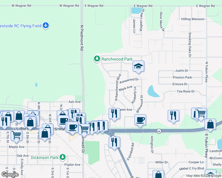 map of restaurants, bars, coffee shops, grocery stores, and more near 401 Mark Ave in Yukon