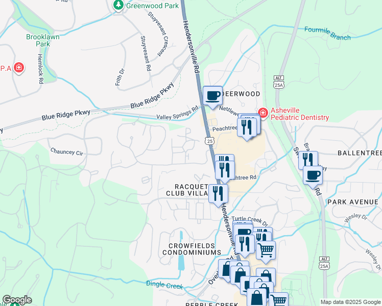 map of restaurants, bars, coffee shops, grocery stores, and more near 1617 Hendersonville Road in Asheville