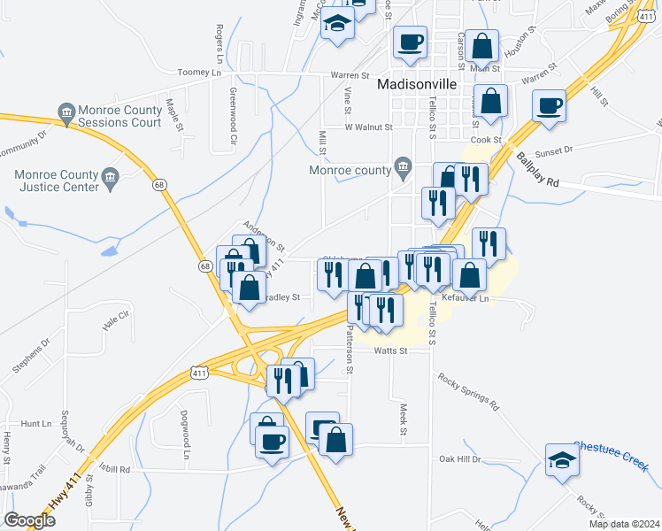 map of restaurants, bars, coffee shops, grocery stores, and more near 413 Oklahoma Street in Madisonville