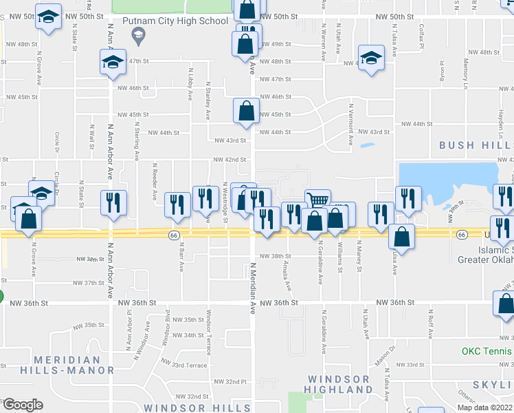 map of restaurants, bars, coffee shops, grocery stores, and more near 4022 North Meridian Avenue in Oklahoma City