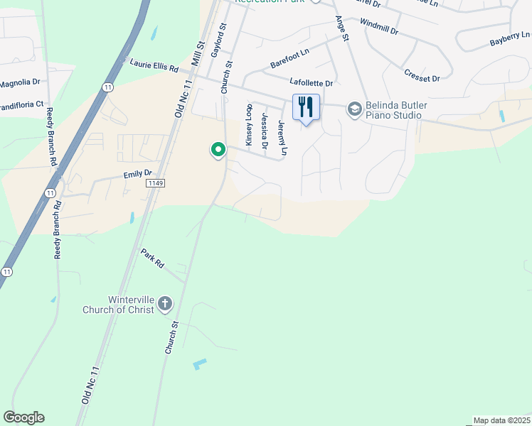map of restaurants, bars, coffee shops, grocery stores, and more near 3011 Dearing Court in Winterville