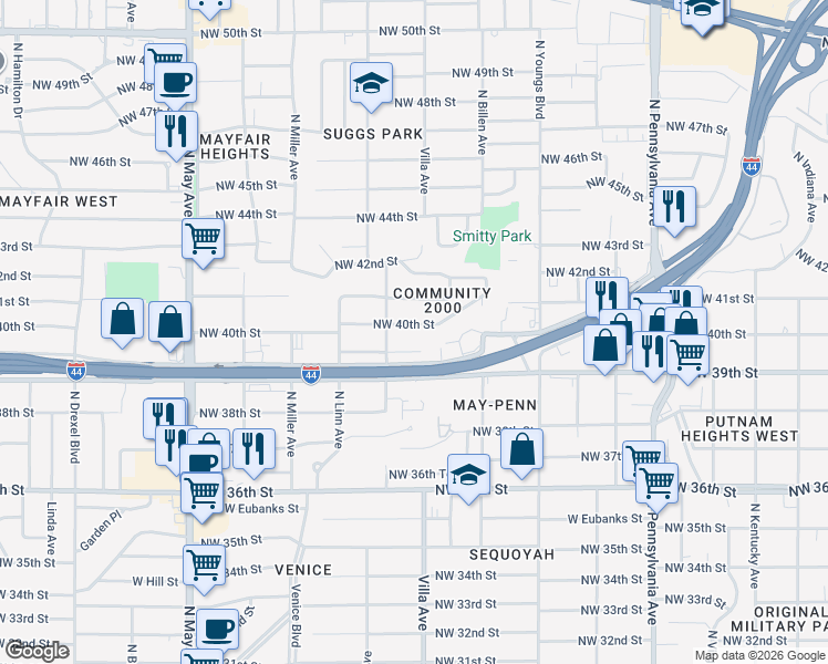 map of restaurants, bars, coffee shops, grocery stores, and more near 2460 Northwest 40th Street in Oklahoma City