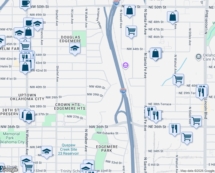 map of restaurants, bars, coffee shops, grocery stores, and more near 4101 North Harvey Parkway in Oklahoma City