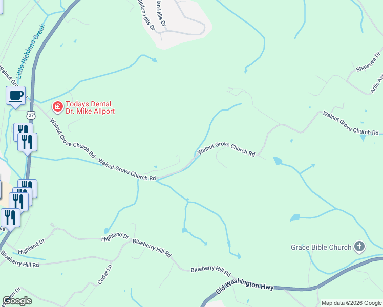 map of restaurants, bars, coffee shops, grocery stores, and more near 1030 Walnut Grove Church Road in Dayton