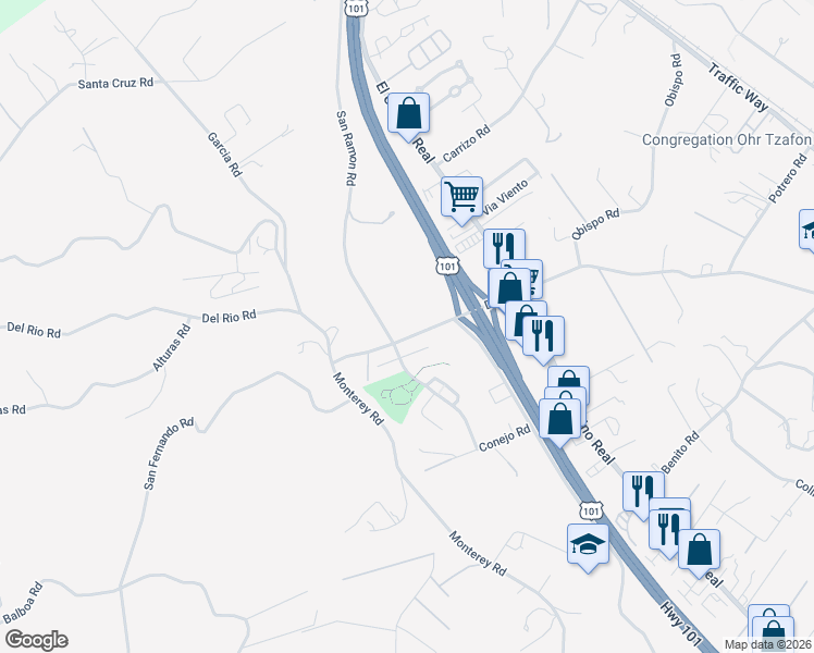 map of restaurants, bars, coffee shops, grocery stores, and more near 6630 Del Rio Road in Atascadero