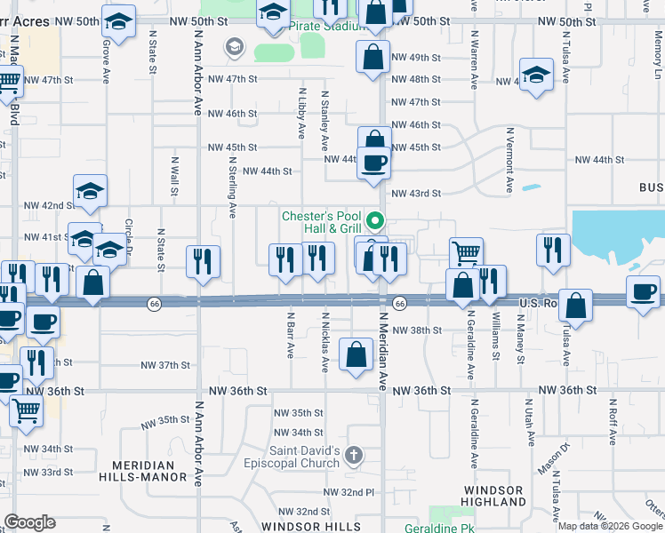 map of restaurants, bars, coffee shops, grocery stores, and more near 4020 North Nicklas Avenue in Oklahoma City