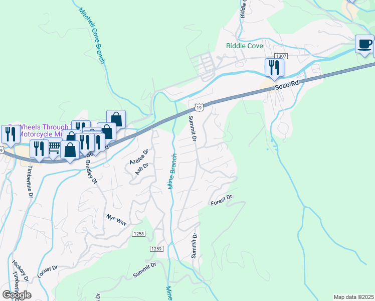 map of restaurants, bars, coffee shops, grocery stores, and more near 50 Gail Drive in Maggie Valley