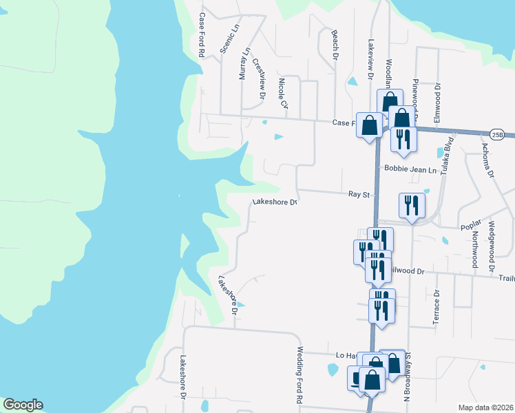 map of restaurants, bars, coffee shops, grocery stores, and more near 1815 Lakeshore Drive in Heber Springs