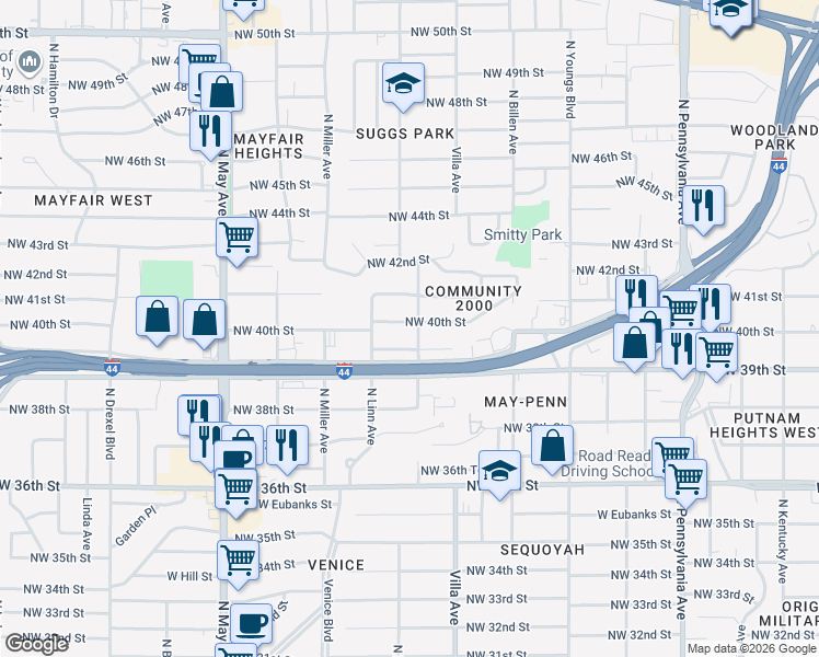 map of restaurants, bars, coffee shops, grocery stores, and more near 2504 Northwest 40th Street in Oklahoma City